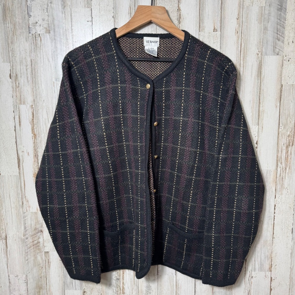 Vintage 90s Liz‎ Baker Plaid Gold Button Cardigan Sweater Acrylic Womens XL